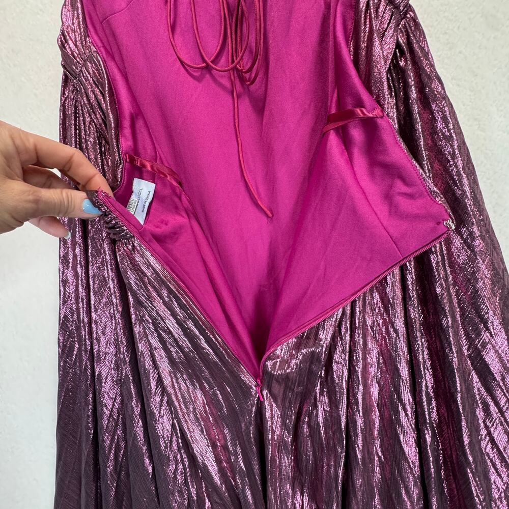 Ieena for Mac Duggal Ruffle Sleeve Metallic Gown Pleated Lace-Up Back Dress 12 - Picture 12 of 15